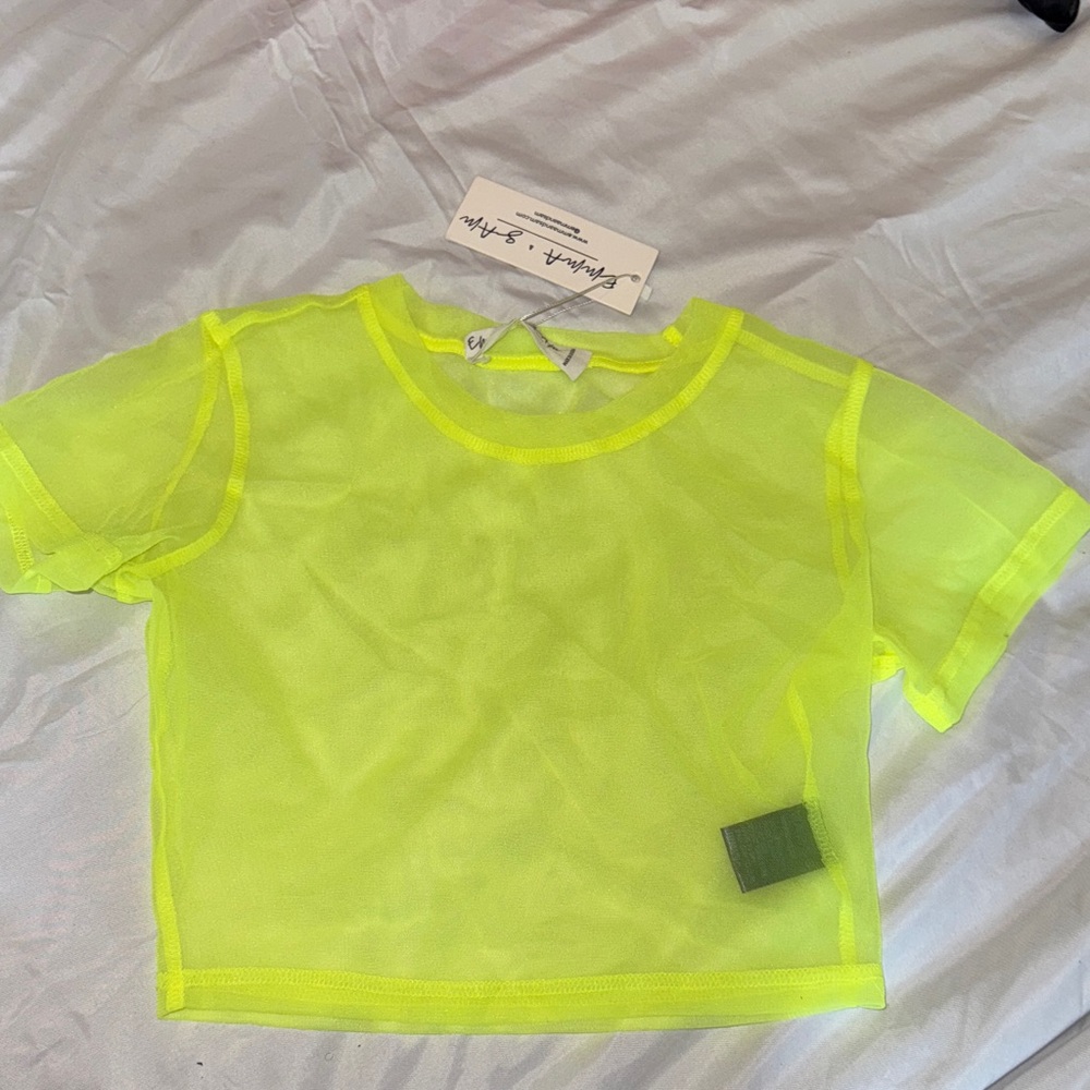 Emma & Sam Neon Yellow Mesh Crop Top